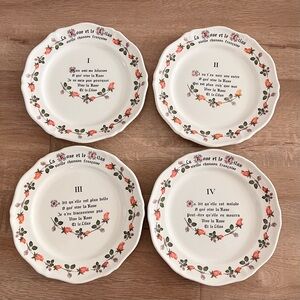 4 RARE FAIENCERIE DE SAINT AMAND FRANCE, VIVE LA ROSE ET LE LILAS PLATES SONG 8”